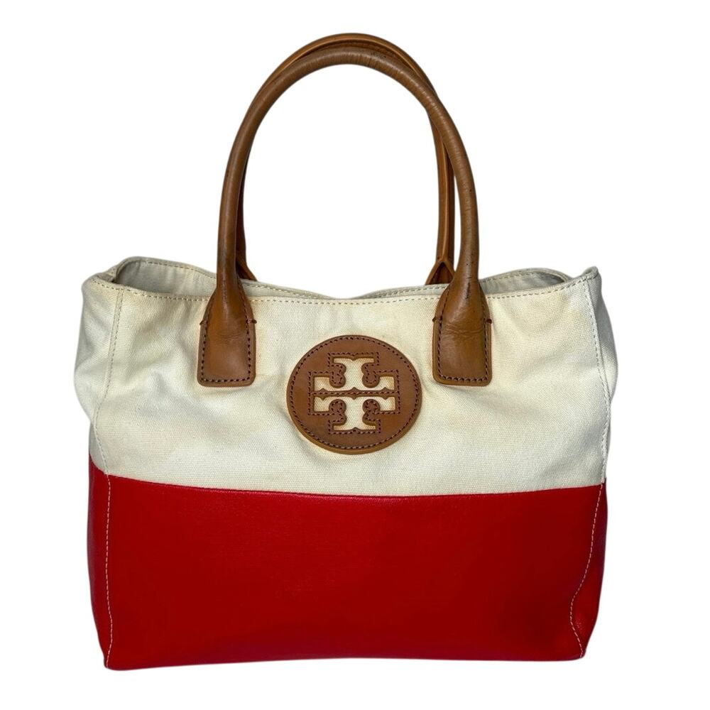 TORY BURCH Logo Mini Beach Shoulder Tote Bag  Canvas and Red Leather Handles